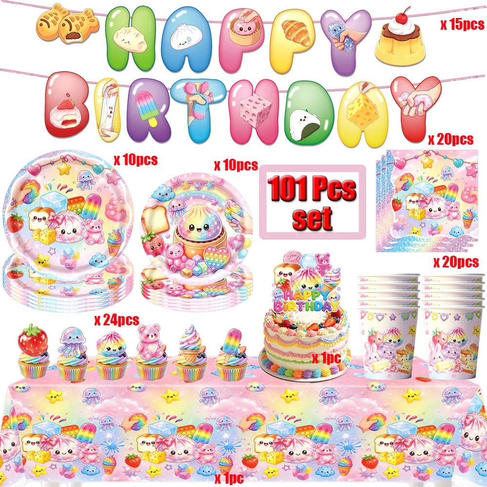 Squishy Dumpling Disposable Tableware Set Cute Rainbow Dumpling Theme Plates Cups Napkins Girl Decompress Birthday Party Decor