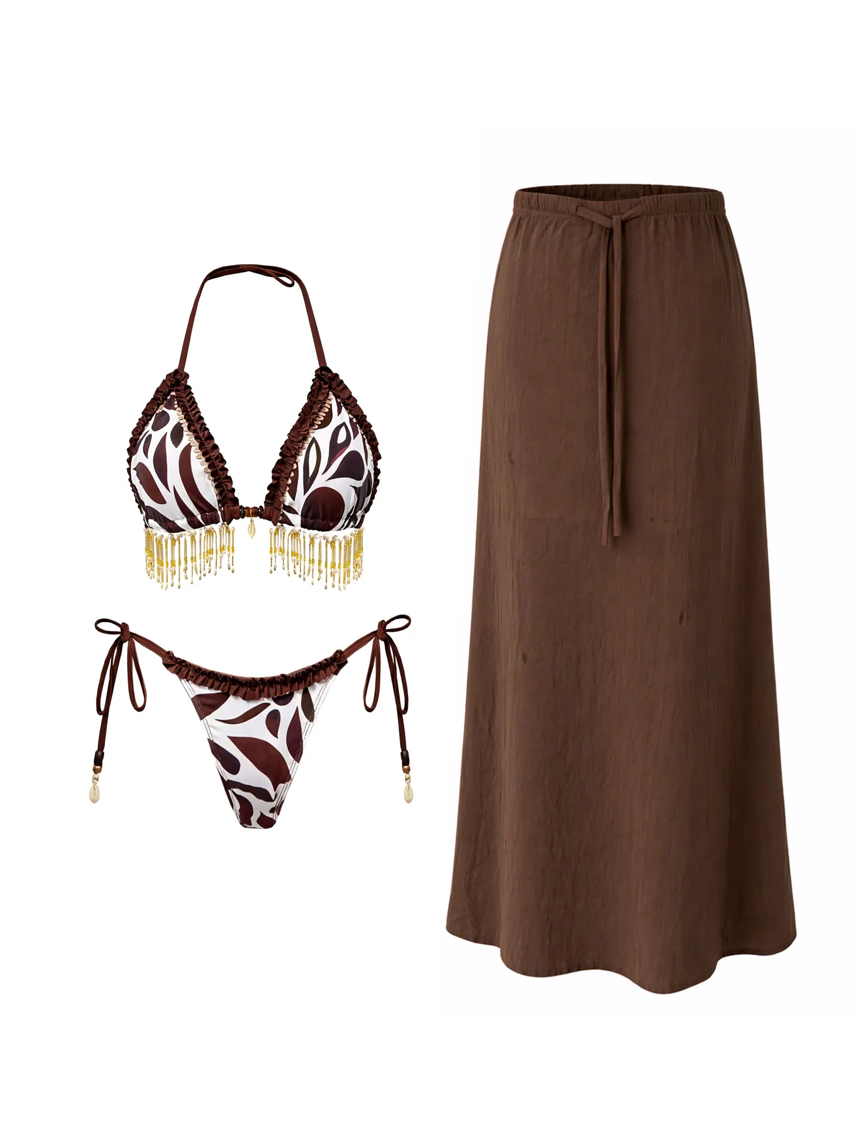 

Leaf Printed Tassel Bikini With Long Skirt Set Lady Swimsuit Sexy Women Micro Biquini Swimwear Fashion Mujer Low Waist Beachwear