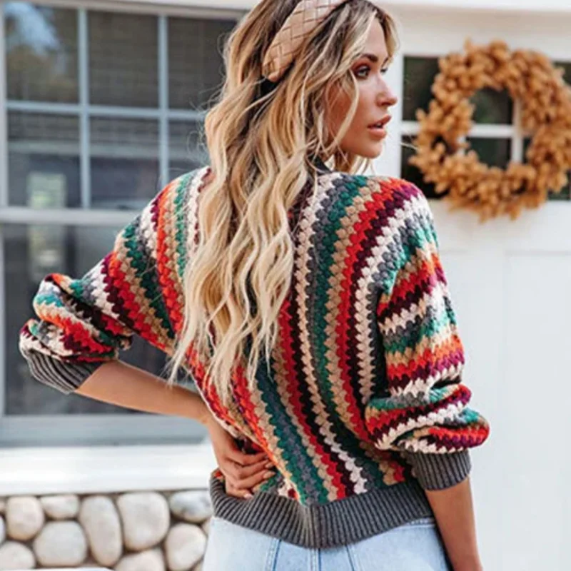 Dames Veelkleurige Lelijke Kersttrui Tops Kleurrijke Gebreide Vest Trui Casual Veelzijdige Stripes7259