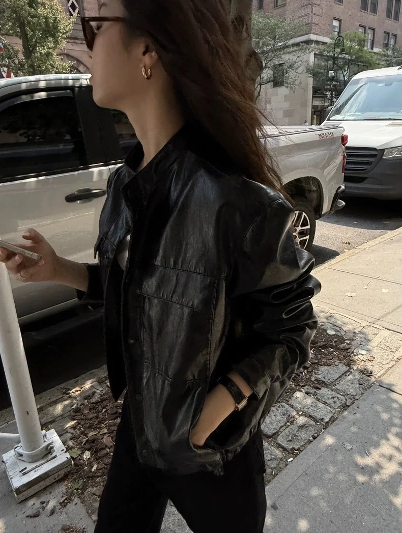 الكلاسيكية الرجعية Bla لامعة الجلود Jaet الوقوف طوق معطف قبلون العلامة التجارية تخفيف Sle فضفاضة تناسب الجلود الاصطناعية طويلة Sve