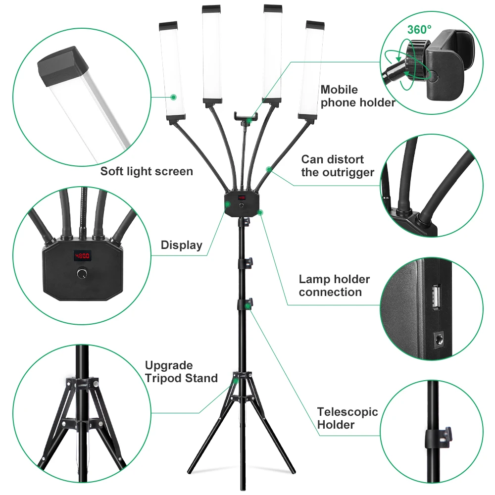 Professionelle Tattoo-Schönheitslampe, Fotografie, LED-Ringlicht, flexibel, 4-armig, LED-Videoleuchte, 65 W, 3200–5600 K, mit USB-Ladeanschluss – Detail 11