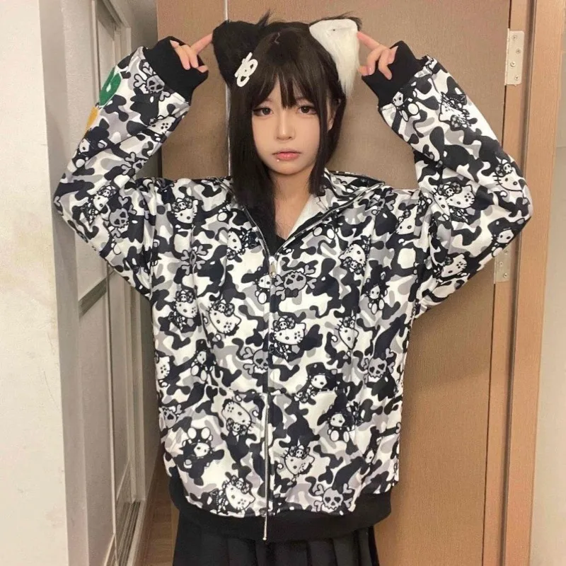 Miniso Camouflage Hellokitty Harajuku Zip-up Coats Cartoon Kitty Cat Printed Gothic Hooded Sweatshirts Couple Y2k Women Clothing