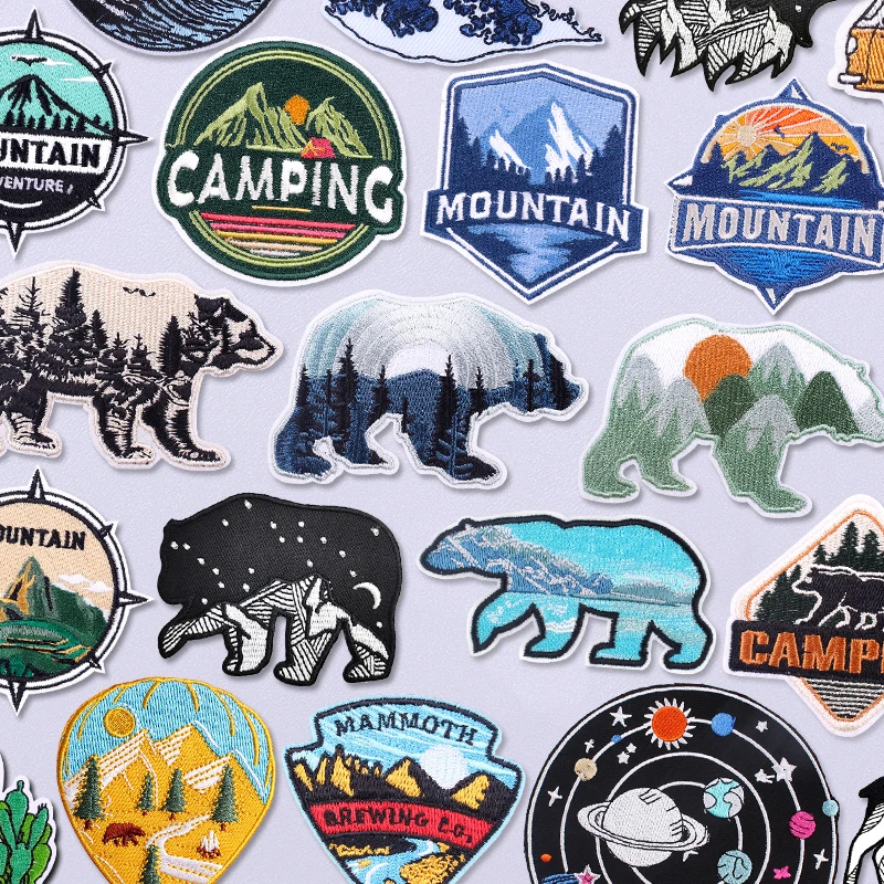 1-5 PCS Outdoor Bear Patch/Applique Iron On Patches For Clothing Stickers Forest Animal Adventure Embroidered Patches On Clothes