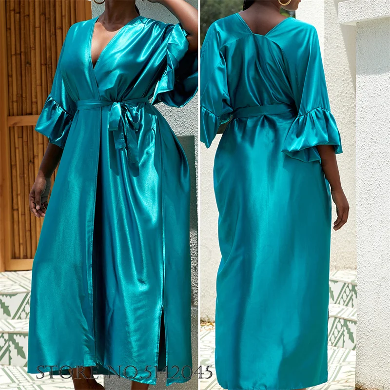 Plus Size Female Long Robe Dress Ice Silk Kimono Bathrobe Gown Sleepwear Bikini Sunscreen Cardigan Loose Home Clothes Loungewear