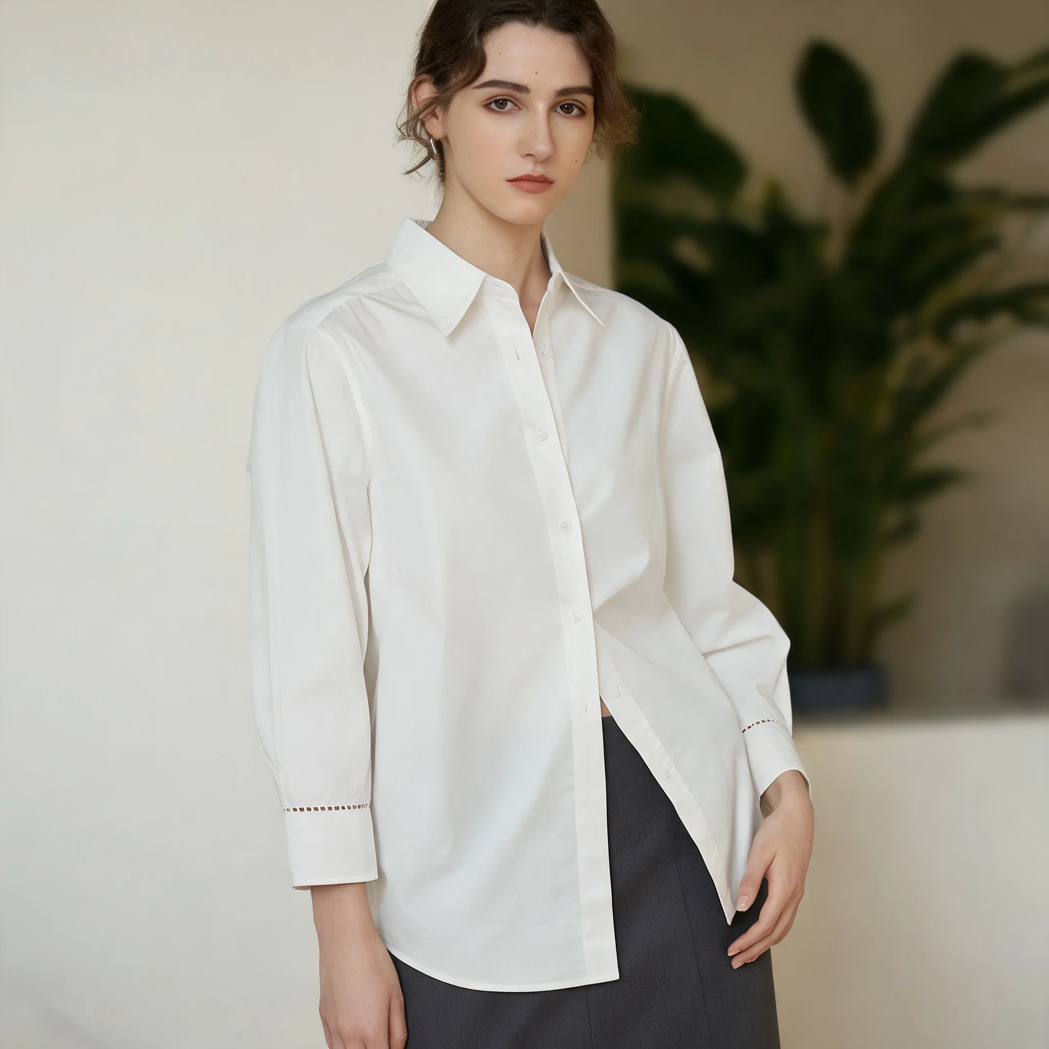 Loose Fit Long Sleeve Shirt Elegant with Shirt Collar Regular Sleeve Midi Length Patchwork Commuter Chic Autumn Women Blouse