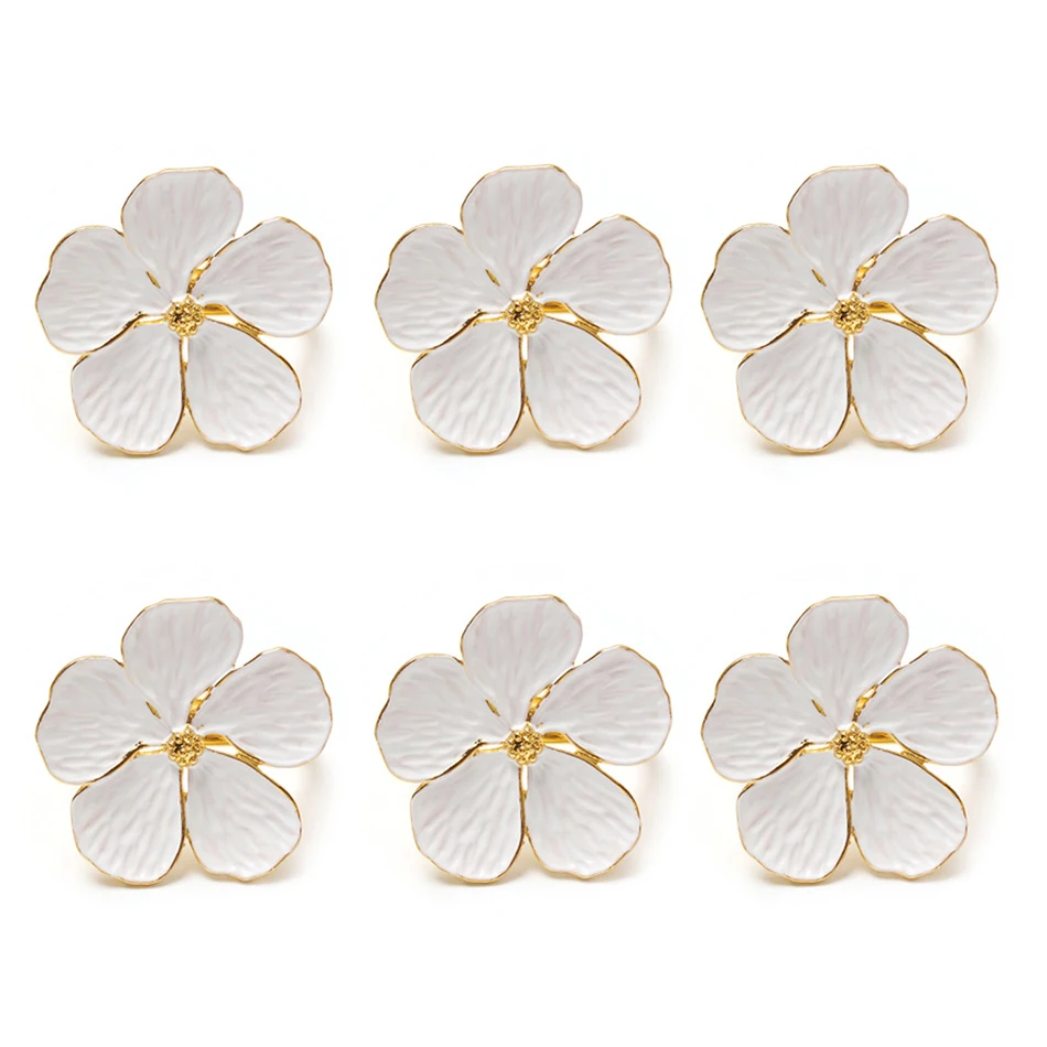 6PCS Napkin Buckle, White Plum Blossom Metal Napkin Rings, Festival Wedding Party Holiday Table Decoration