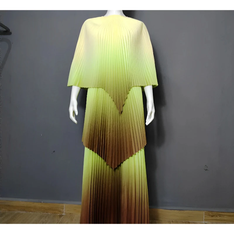 

New Miyake Pleats Suit Gradient Pleated 2 Piece Set Women Irregular A-line Skirts Shawl Spliced Fashion 2024 Design Clothing879