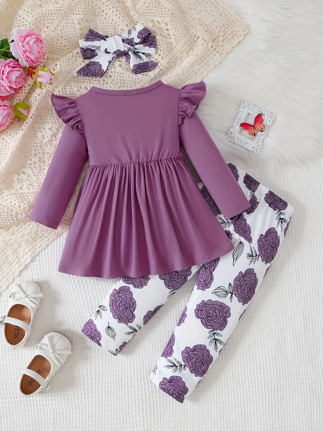 3PCS Autumn Clothing Set Infant Girl Long Sleeved Top with Bow+Floral Pants+Headband Fashion Outfits for 0-3 Years Toddler Girl