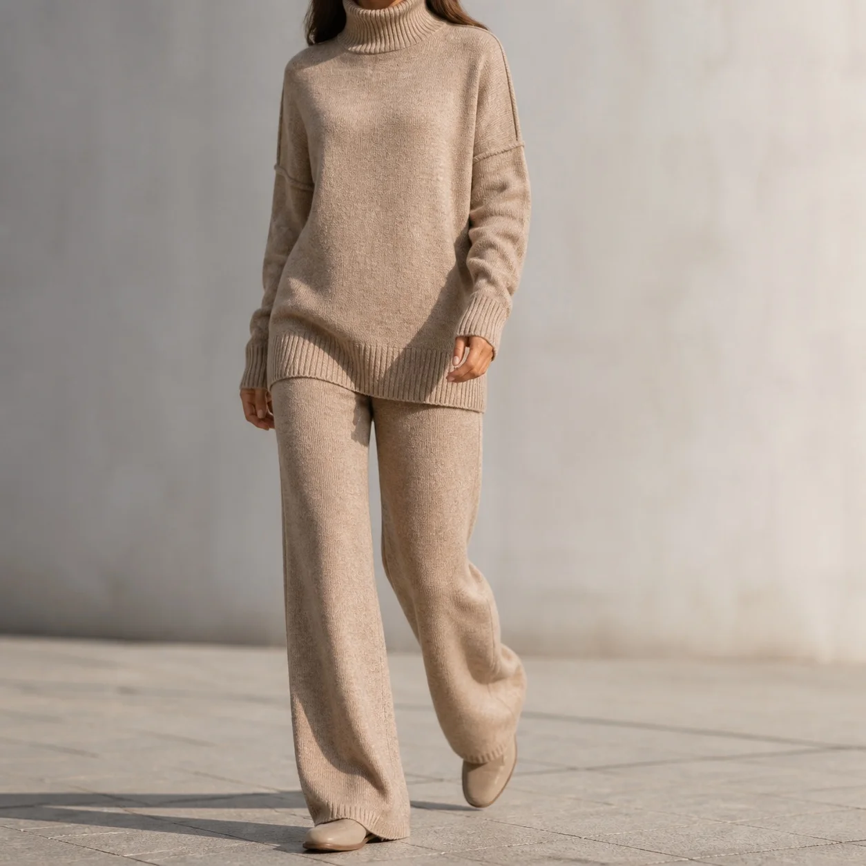 Women's Spring Turtleneck Knit Sweater 2-Piece Set with Loose Fit Ribbed Pants Casual Oversized Women's Matching Sets Solid