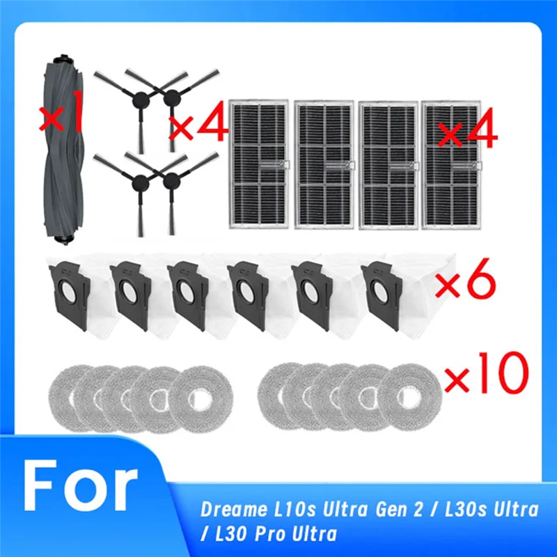 B83B-25 Pcs For Dreame L10s Ultra Gen 2 / L30s Ultra / L30 Pro Ultra Robot Vacuum Main Side Brush Mop Filter Dust Bags