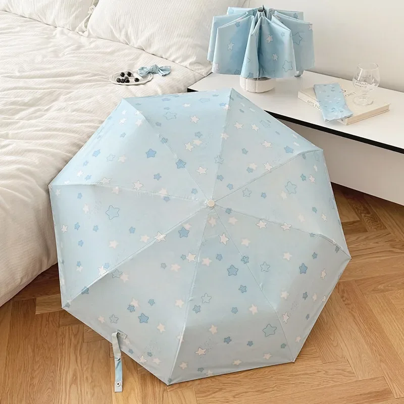 Blue Star Print Umbrella for Women Rain‑Sun Dual‑Use Folding UV Protection Sun Shade Parasol