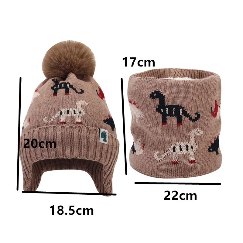 Winter Children\'s Knitted Hat Jacquard Dinosaur Plus Cashmere Hat Boys Girls Ear Protection Warm Wool Hat 2PCS Sets Cap Scarf