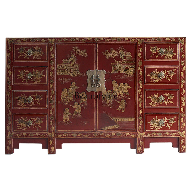 

1Chinese neoclassical traditional red gold-painted Baizi Tu eight-draw elm dining side cabinet solid wood TV cabinet