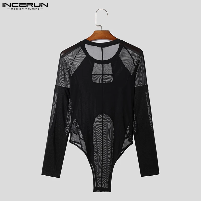 INCERUN 2024 Sexy Men\'s Homewear Jumpsuits Thin Mesh Splicing Deconstructed Design Rompers Triangle Long Sleeved Bodysuits S-3XL