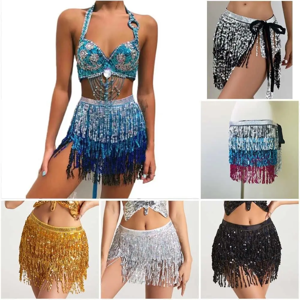 Falda con flecos de lentejuelas para mujer, accesorios de falda para danza del vientre, cinturón bohemio con flecos de lentejuelas, bufanda, cadena de cintura, ropa de espectáculo de danza del vientre