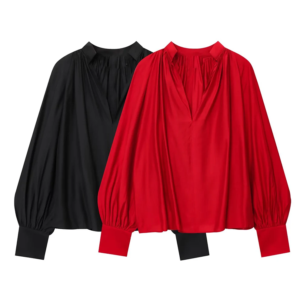 

Women's 2025 new fashion loose V-neck pleated shirt retro lantern sleeve women's shirt chic top