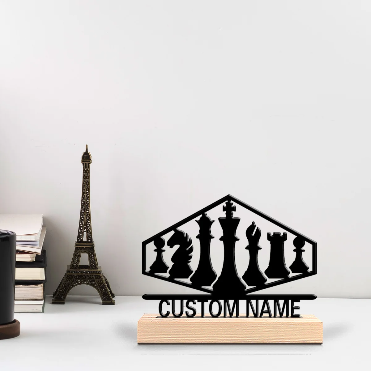1pc Modern chess Customized Name Metal Statue Iron Ornament Handicraft With Wood Base Metal StatueFor Home Decor
