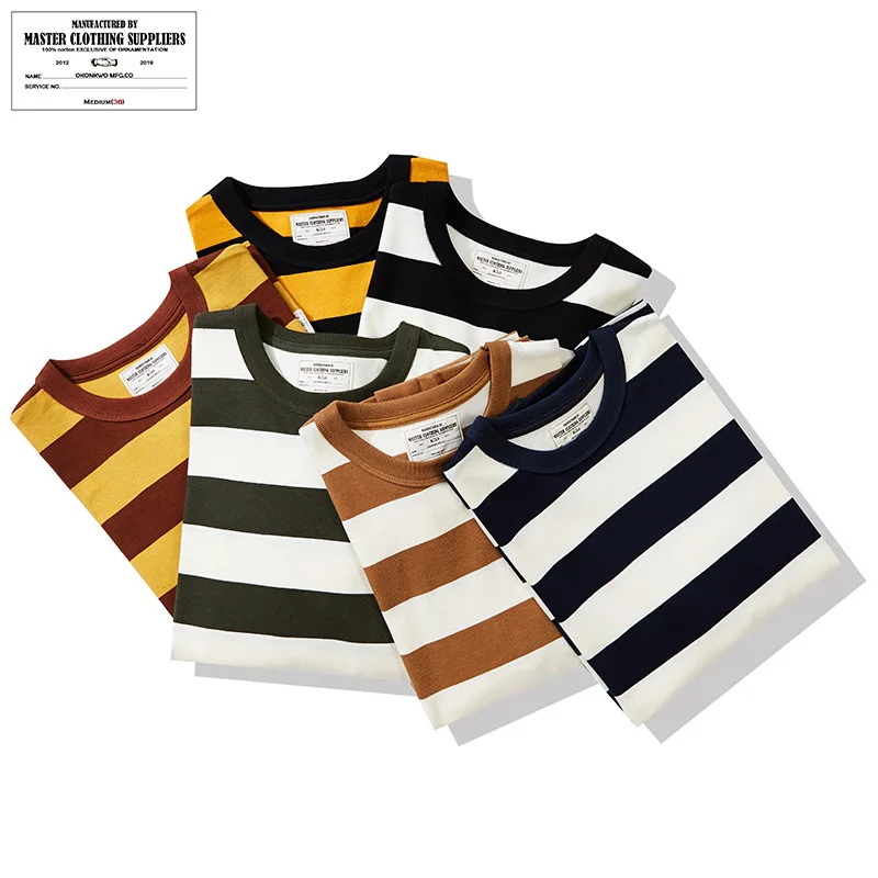 OK on kWo American retro amikazi T-shirt motorcycle rough striped dragon sleeve T-shirt spring and autumn striped T-shirt