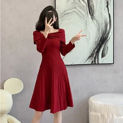 Real Spot 2024 Temperament Early Autumn New Slimming a Line Collar Design Sense Knitted Long-sleeved Dress