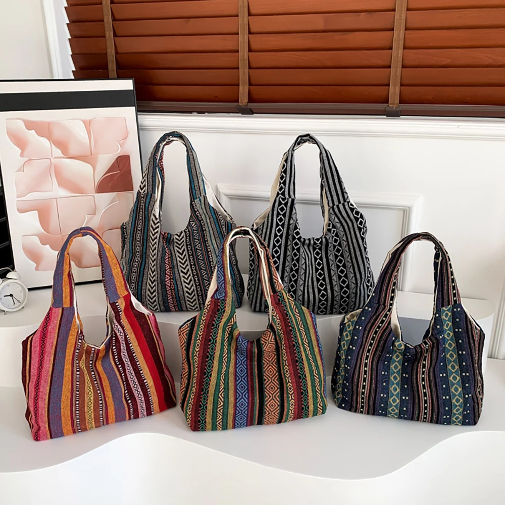 Trend Rainbow Striped Canvas Shoulder Bags Women Large Capacity Casual Totes Bag Bohemian Ethnic Style Underarm Shoulder Bag