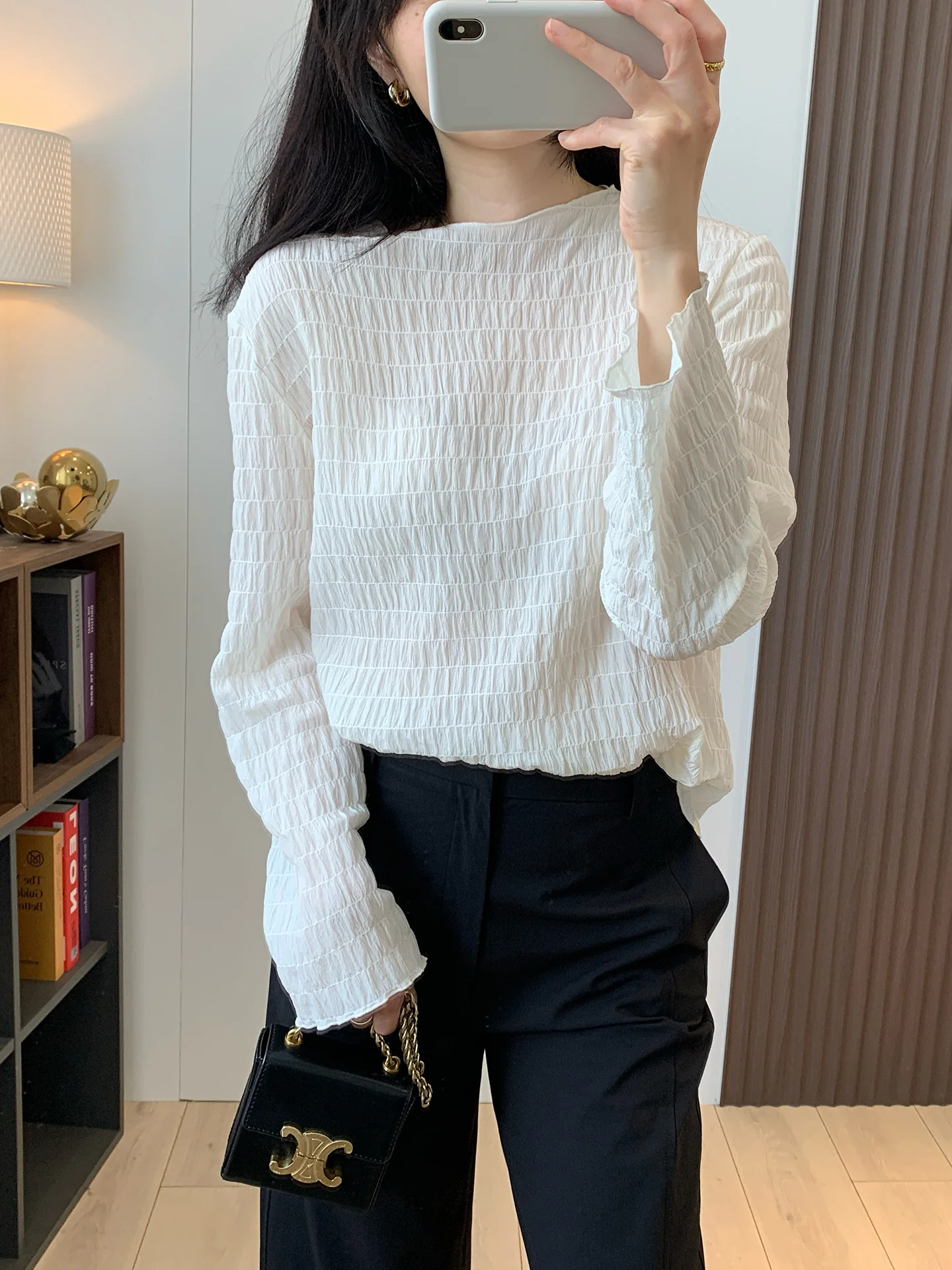 

Женская шелковая блузка свободного кроя с круглым вырезом и длинным рукавом, ультралегкая, прямого силуэта, для повседневного и делового стиля, осенняя коллекция