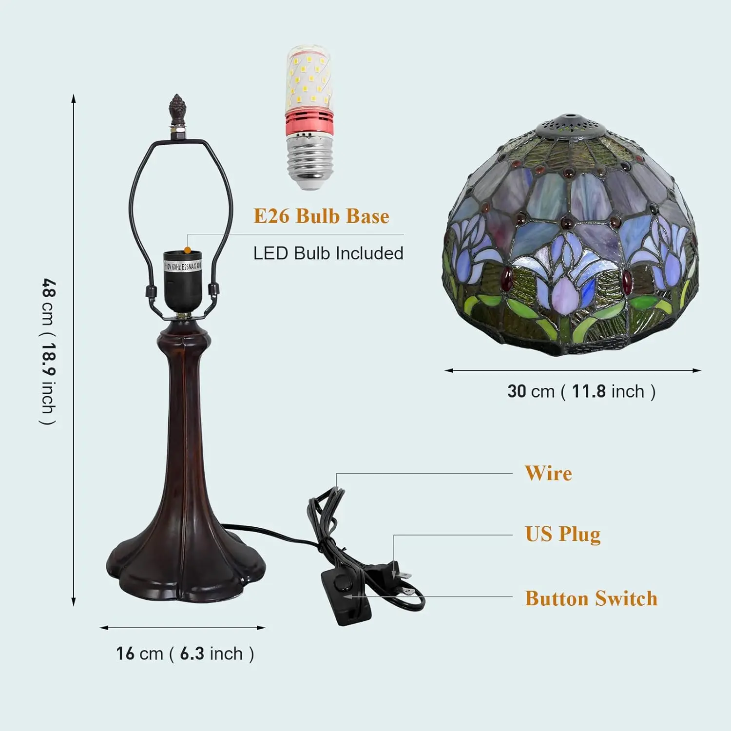 12inch Tiffany Table Lamp Multi-Color Flowers Style Stained Glass Bedside Reading Desk Light for Bedroom Home Office Decor