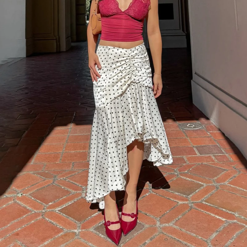Tsiisd Fashion Polka Dot High Waist Skirt Women Commute Irregular Ruffled Casual Streetwear Elegant Party Skirt 2026 Women Skirt