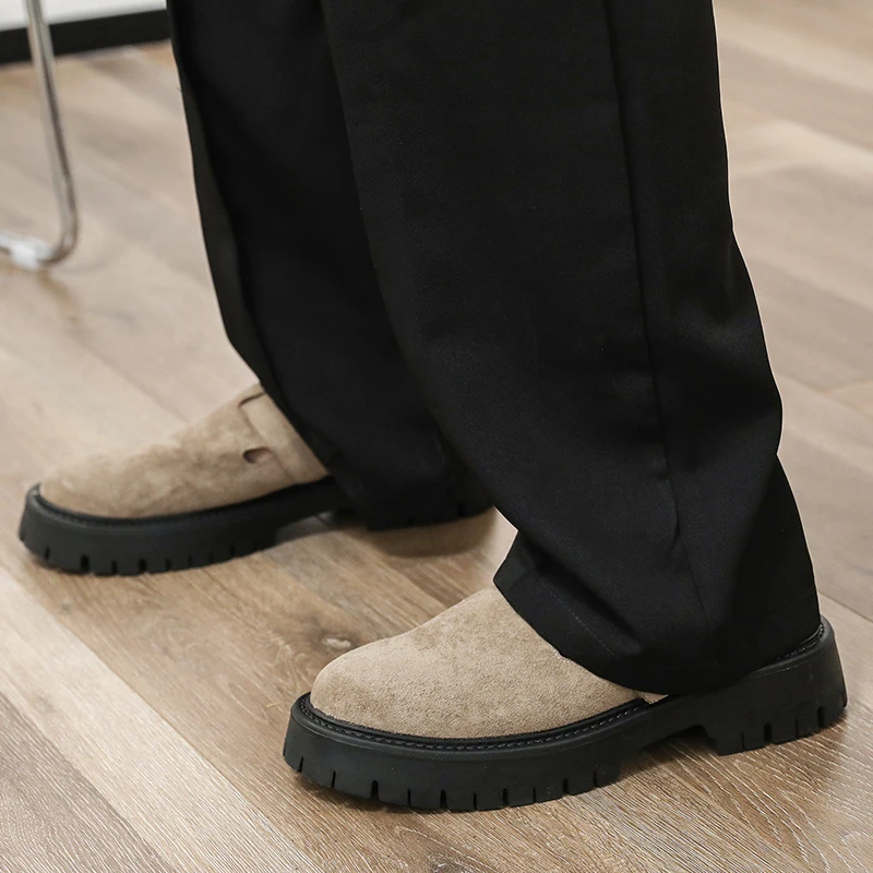 Mules Half Shoes For Men Large Size 38-46 Suede Leather Backless Casual Shoes Loafers Slippers Platform Open-back Slides Sandals