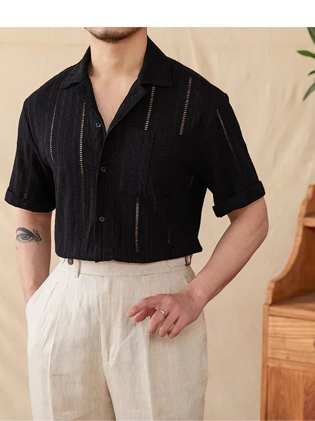 Men's Casual Cuban Short Sleeve Shirt Trendy Summer Breathable Loose Hollow Design Polyester Fiber Standard Fit Daily Wear