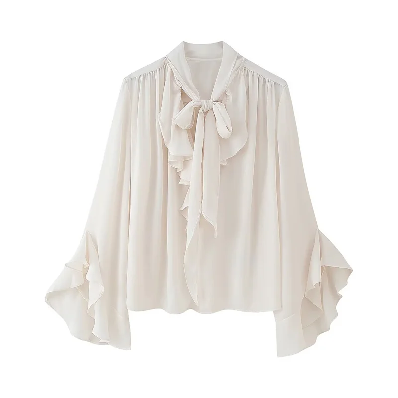 

Women's Blouse Summer 2025 New White Ruffle Neckline Tie Design Long Sleeve Top Fashionable and Flowing Sexy Personality