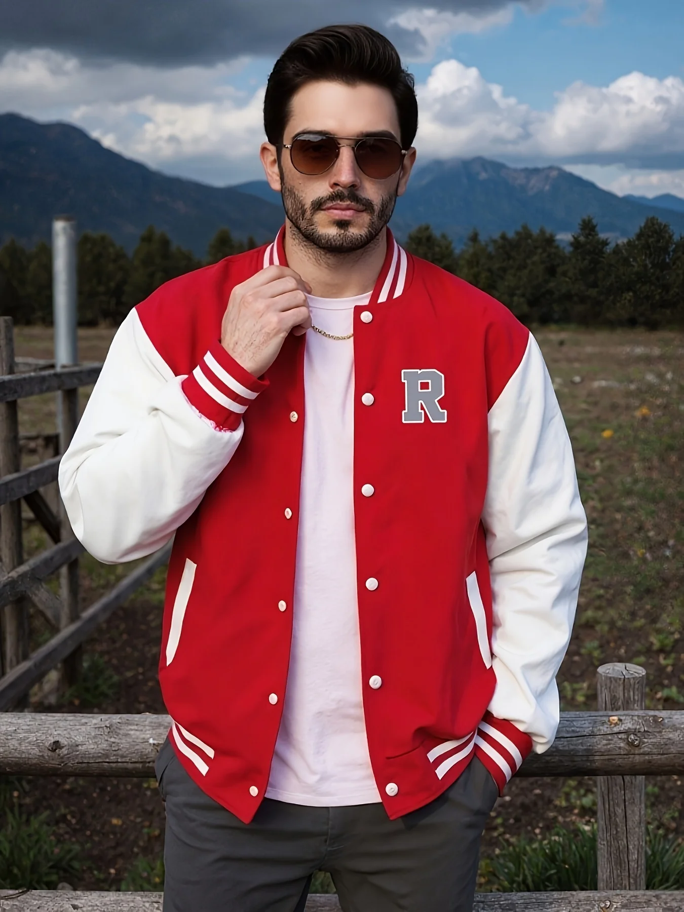 Men's casual baseball jacket, men's cool jacket, jacket pocket design, printed pattern