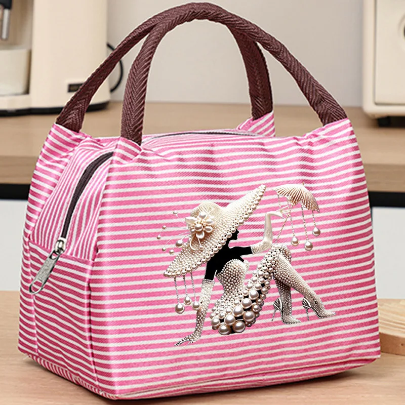 Elegant Pearl Lady Silhouette Print Insulated Lunch Bag Portable Thermal Food Handbag Reusable Tote for Office School Outdoor