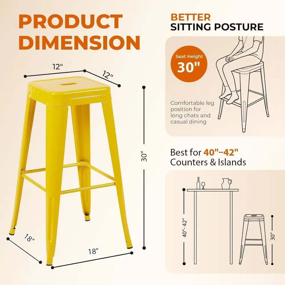 Yellow Metal Bar Stools Set of 4, 30 Bar Height, Stackable Outdoor Patio Stools, Portable One-Piece Steel Chairs for Party & Sun