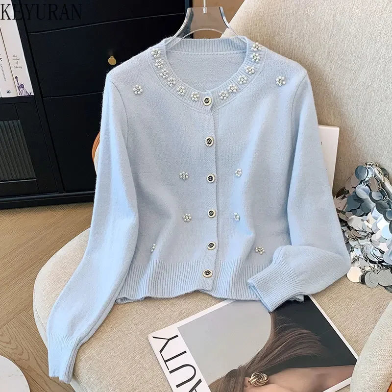 Pearl Beaded Knitted Cardigan Sweater Women 2024 Autumn Elegant Fashion Long Sleeve Single-breasted Knitwear Tops Ladies Jumpers