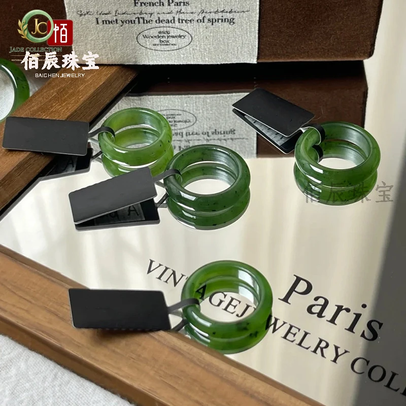 Natural Hetian jade ring, green jade ring, spinach green ring, patterned jade ring, emerald ring, couple's gift