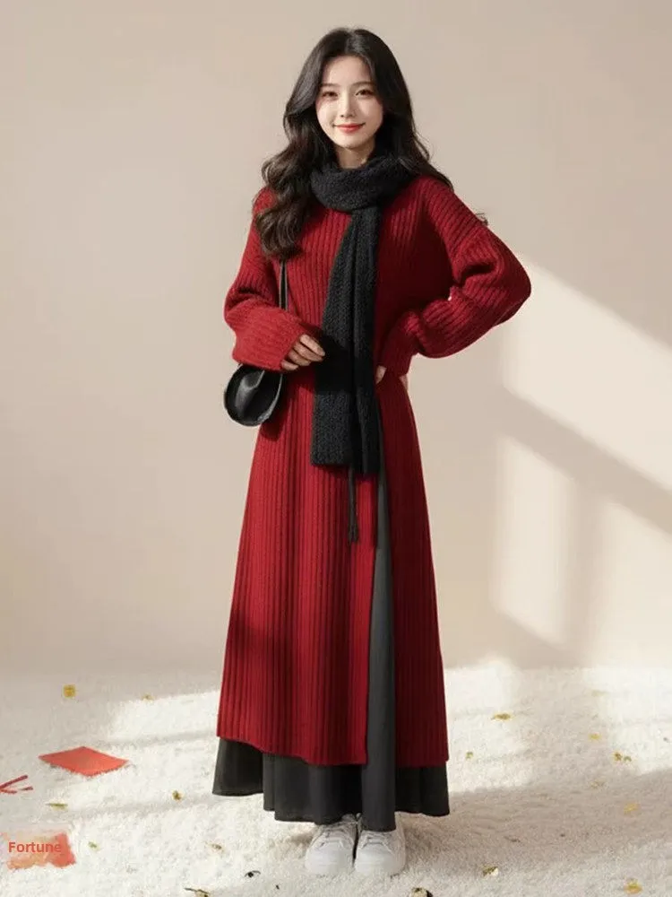 새해 레드 니트 스웨터와 캐주얼 팬츠 투피스 세트 여성 패션 앙상블 나이 감소 슬림핏 가을 겨울 의류