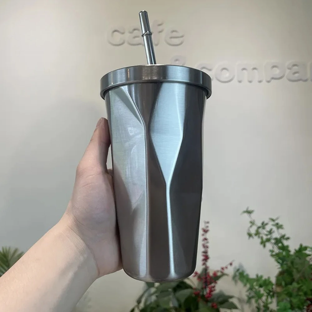 304 Stainless Steel Insulated Tumbler with Straw Colorful Rhombus Gradient Design Double Wall Vacuum Car Cup