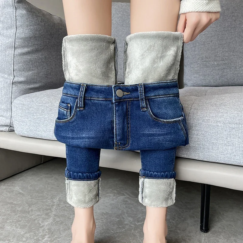 Frauen Kleidung Plüsch Jeans Stretch Verdickte Fleece Mode Denim Hosen Casual Blau Dünne Vintage Hosen Weibliche