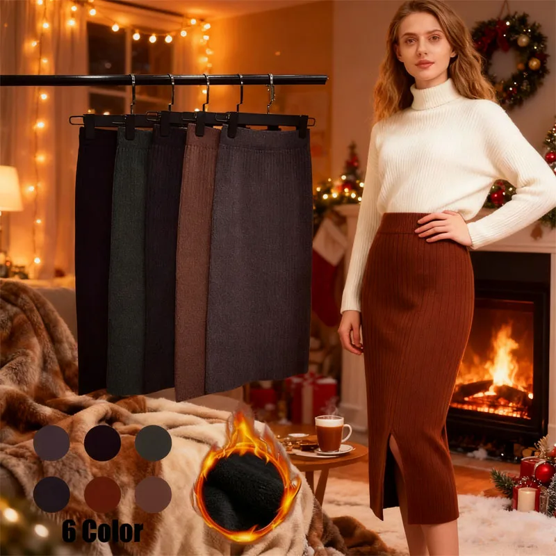 

Womens Split Hem Pencil Skirt Core Spun Yarn Fabric High Waist Knit Bodycon Midi Skirt for Spring Autumn