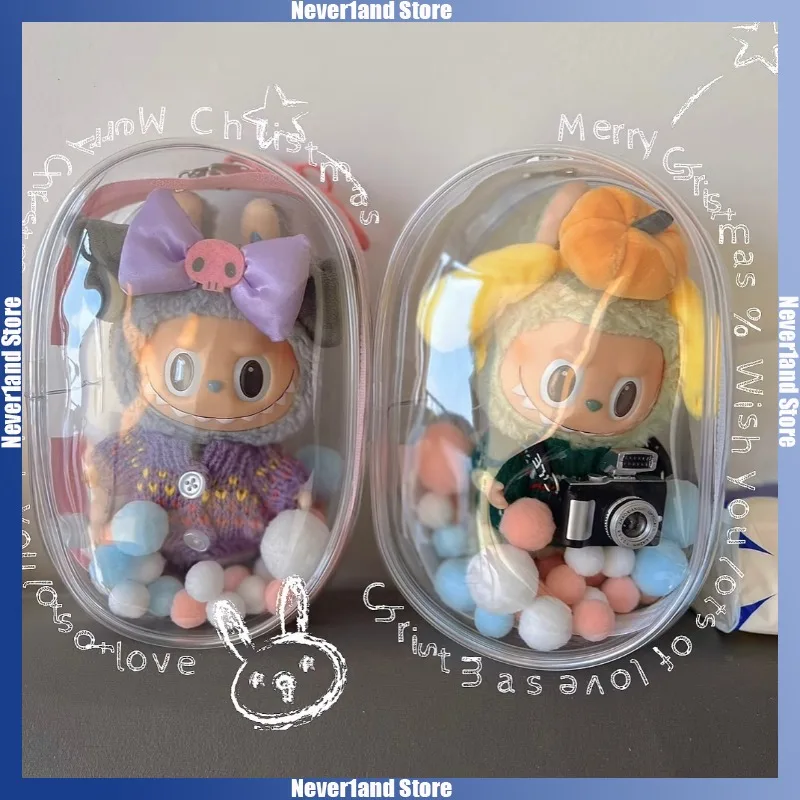 Casing pelindung transparan Labubu I II, kotak tampilan portabel Mini boneka mewah tahan debu 15cm 17cm aksesoris boneka tas