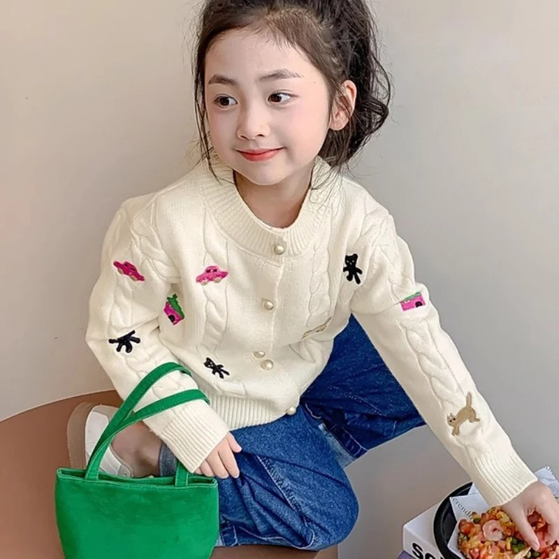 3-10 Jahre Mädchenpullover Frühling Herbst Winter Neuer Cartoon-Print Einreihiger Strick-Cardigan für Teenager-Mädchen Süßer Strickmantel