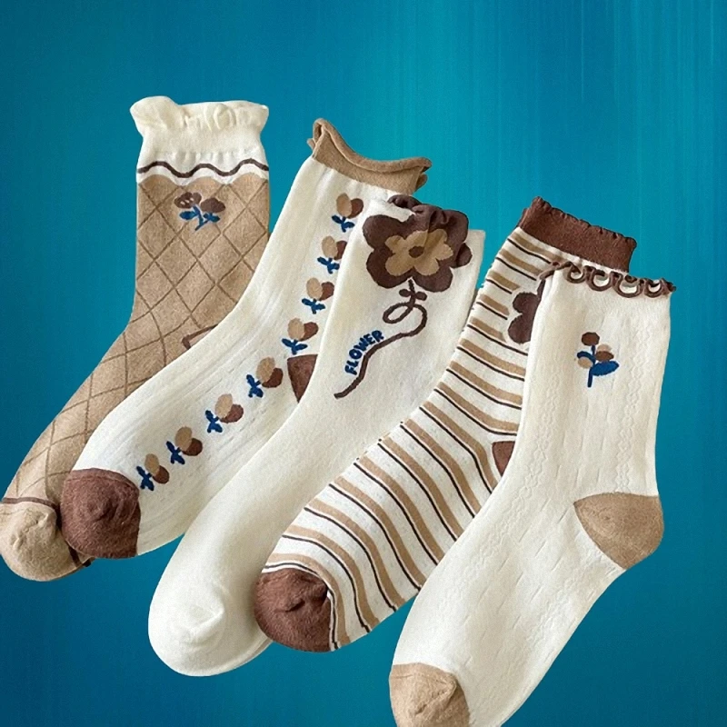 Calcetines de algodón con estampado de flores tridimensionales, medias cómodas de tubo medio con dibujos animados, versátiles e informales, 5/10 pares