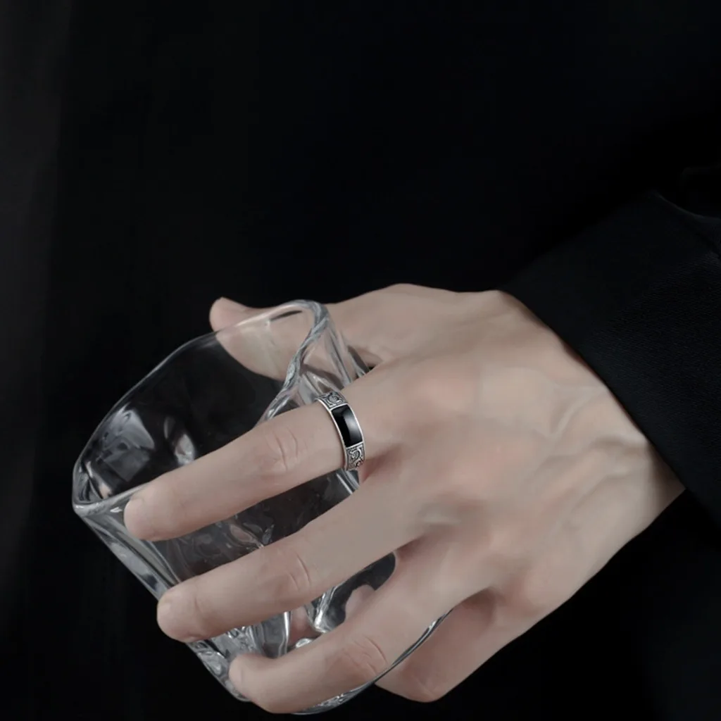 Vintage Faux-Onyx-Ringe für Herren, Edelstahl, verstellbarer offener Ring, silberfarben, modischer Punk-Schmuck, Geschenk – Detail 7