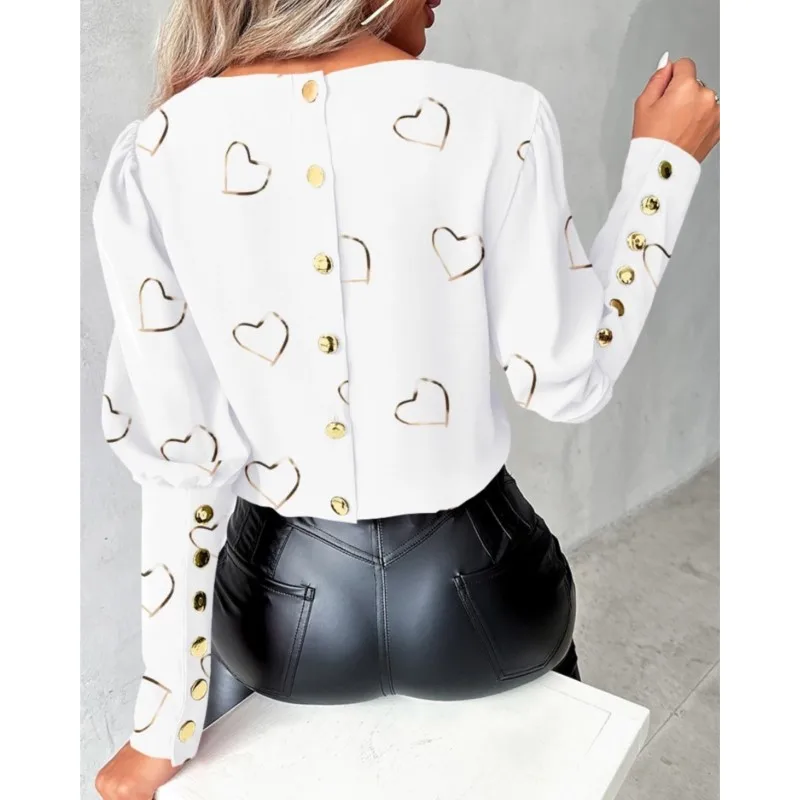 Fashion Printed Long Sleeved Round Neck Button Shirt For Women Spring Elegant Office Lady Pullover Blouse Tops Blusas De Mujer