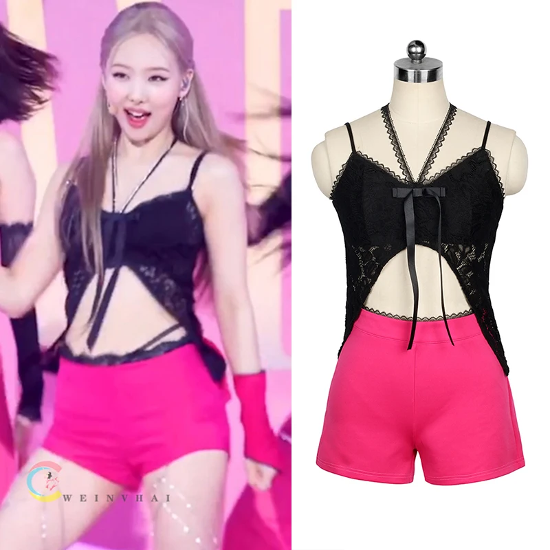 

Sexy Jazz Dance Costume Black Lace Vest Pink Shorts Women Kpop Outfit Idol Performance Clothing Y2K SInger Clothes Suit JL5545