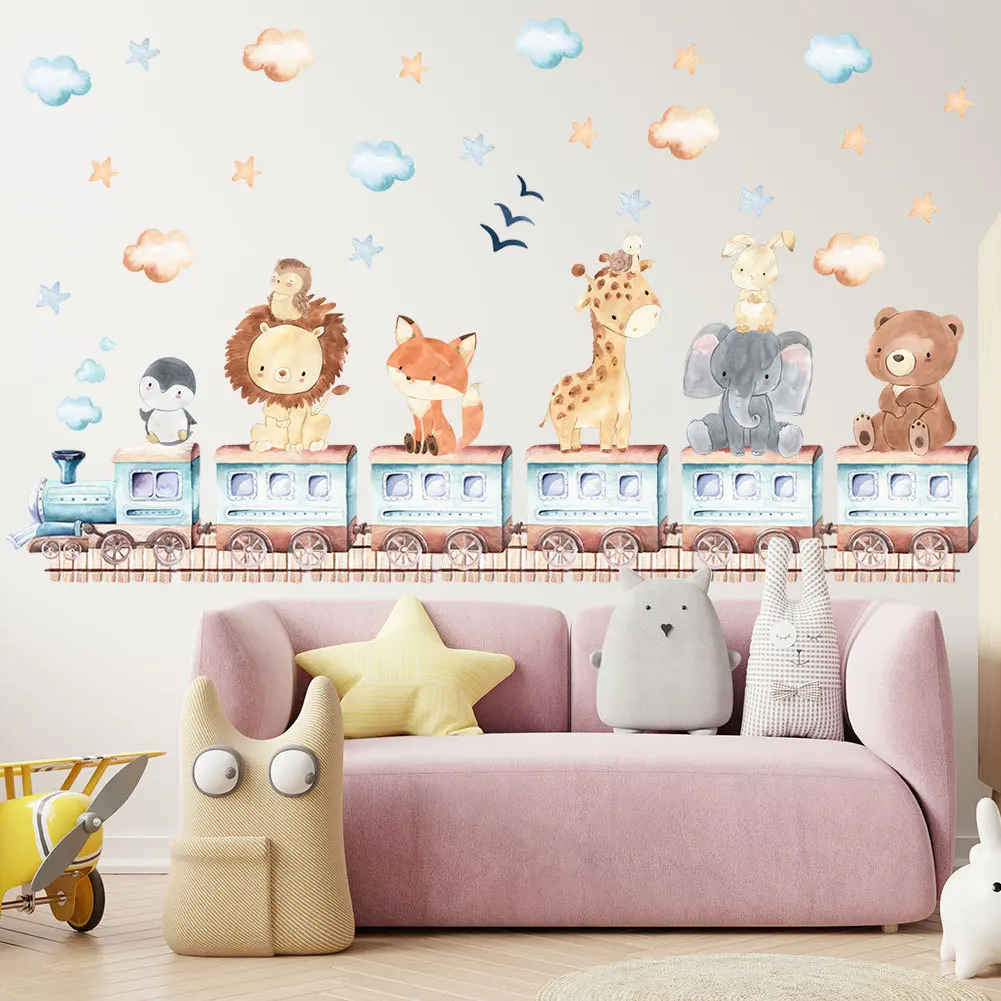 Nordic Cartoon Animals Wall Stickers for Kids Rooms Girls Boys Baby Room Decoration Giraffe Elephant Train Birds Star Wallpaper