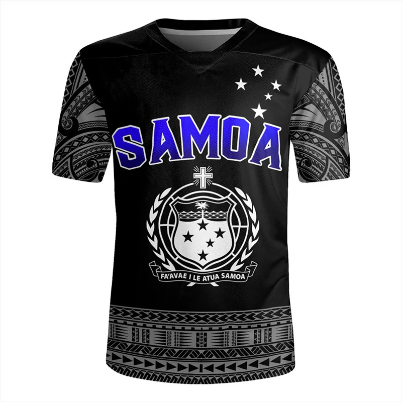 3D Printed The Republicof Samoa Map Flag Rugby V Neck T Shirt American Samoa Emblem Graphic Short Sleeves Vintage Mens Clothing