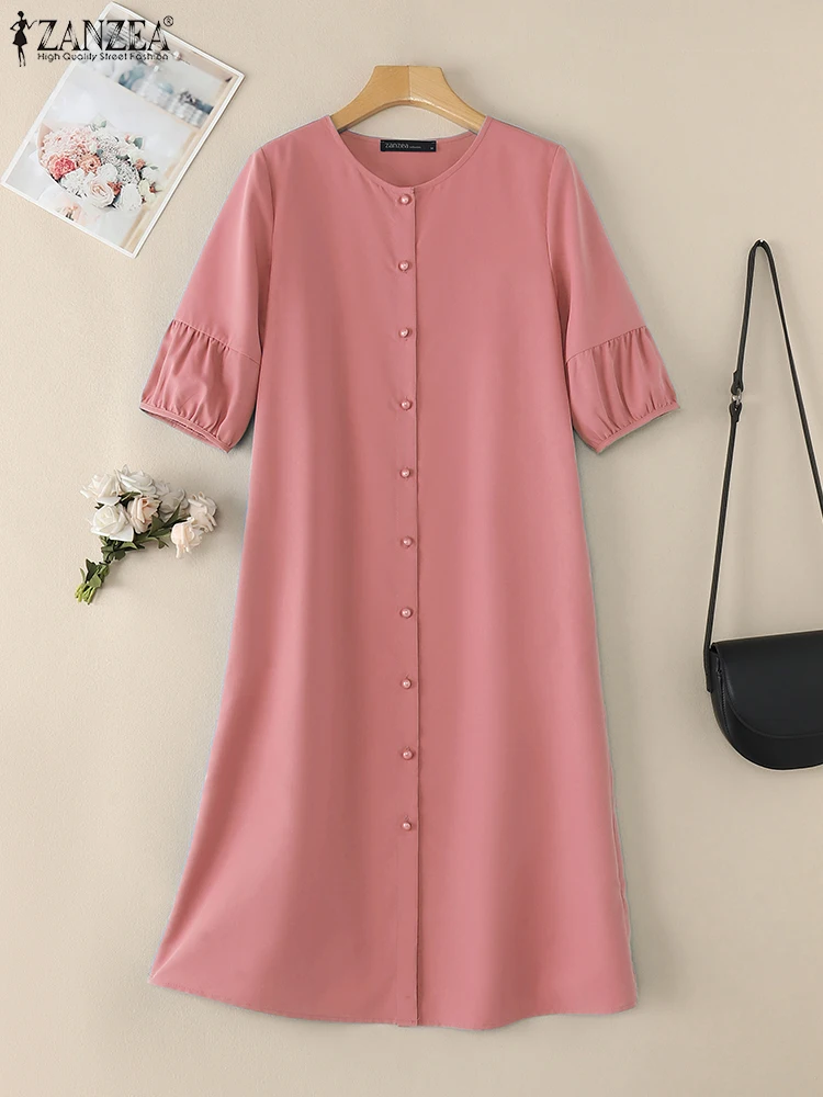 ZANZEA Plus Size Women Dresses 2025 Summer Fashion Shirt Dress Casual O  Neck 3/4 Sleeve Button Vestidos Elegant Solid Work Dress - AliExpress  200000345