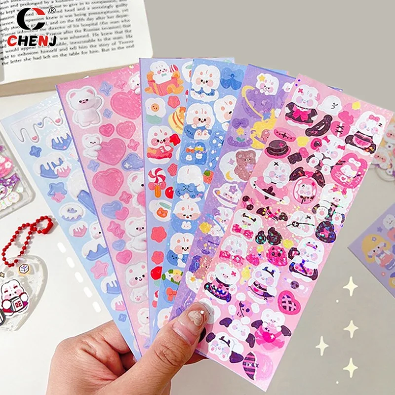 Autocollant décoratif d'animaux mignons brillants Kpop pour Scrapbooking, matériaux de coque de téléphone bricolage, autocollant de paysage, chat, ours, 10 pièces