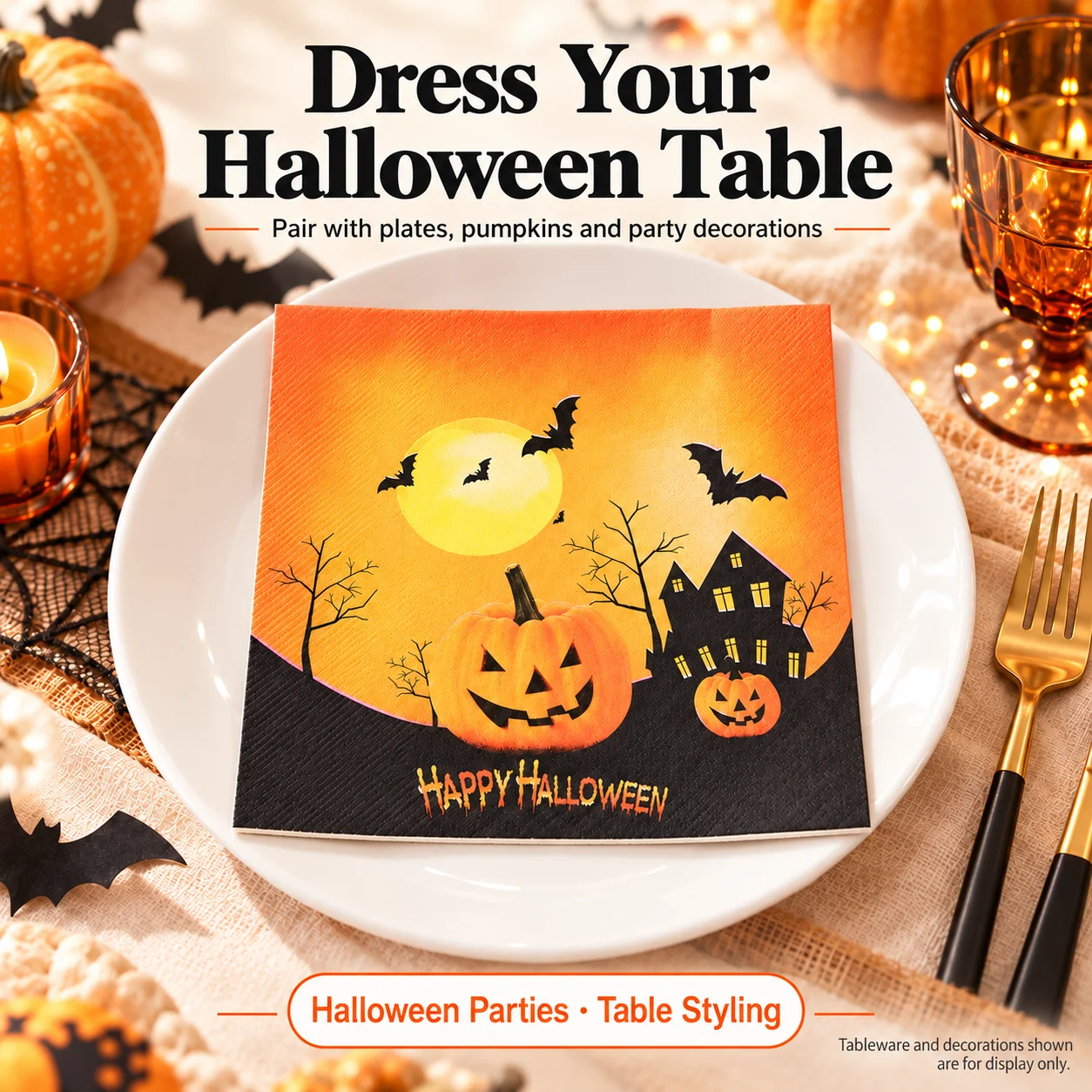 20Pcs Halloween Paper Napkins 2-Ply 33x33cm Pumpkin Bat Haunted House Print for Party Table Decoration